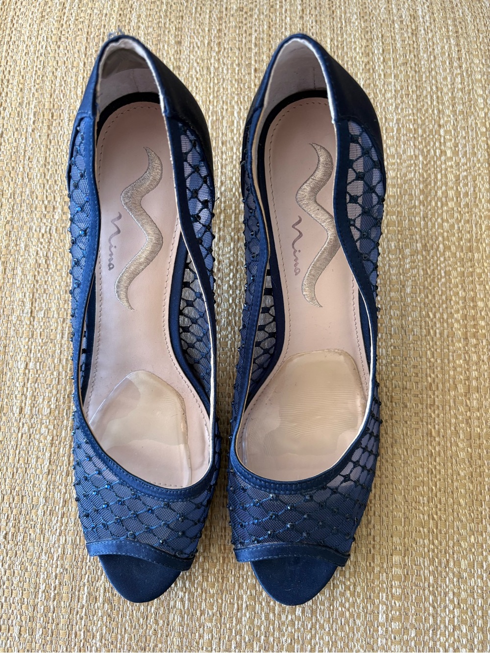 Nina Navy Blue Peep-Toe Mesh Heels